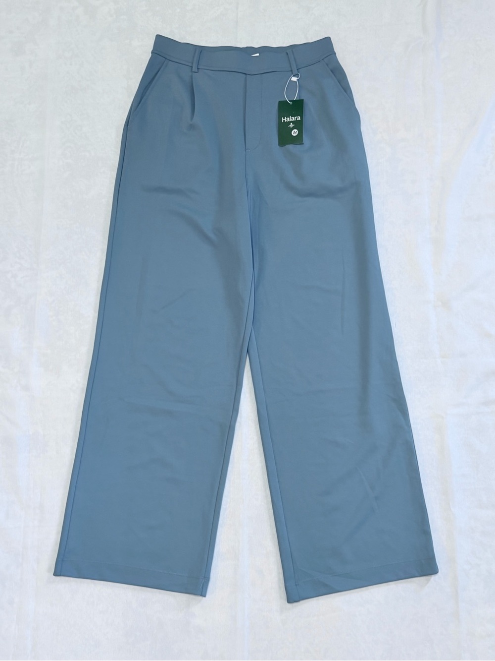 Halara Blue Dress Pants Sz M Wide Leg Pleated High Rise Stretch Knit Pull On